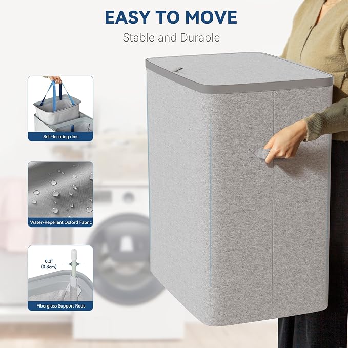 Dual Section 90 liter/23.8 gallon Laundry Hamper Separation Basket with lid, 2 Removable Washing Bags with Handles,Large Laundry Sorter for Easy Clothes Separation - Gray - Image 5