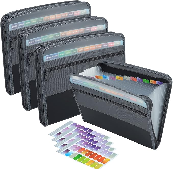 NAFY Expanding File Folders, 13 Pockets Document Organizer with Zipper, A4 Letter Size Portable Accordion Expanding File Folders with Multicolor Labels for Home Office School Supplies (Black 4 Pack) by Nafy