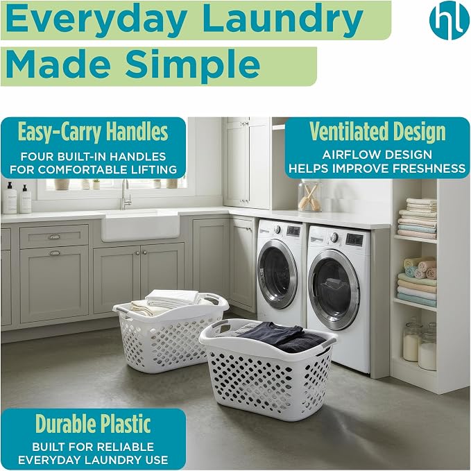 Home Logic 1.75 Bushel Plastic Laundry Basket with Hip Grip, Large Laundry Hamper with Handles, Ventilated Clothes Organizer for Bedroom Bathroom Closet, 4 Pack, White - Image 3