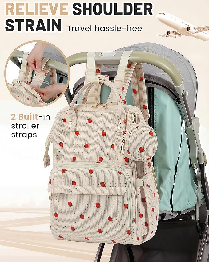 Corduroy Diaper Bag Backpack, Large Capacity Multifunction Baby Diaper Bags for Women, Insulated Bottle Pockets & Pacifier Case, Stylish Travel Nappy Changing Bags for Mom Dad (Strawberry) - Image 7