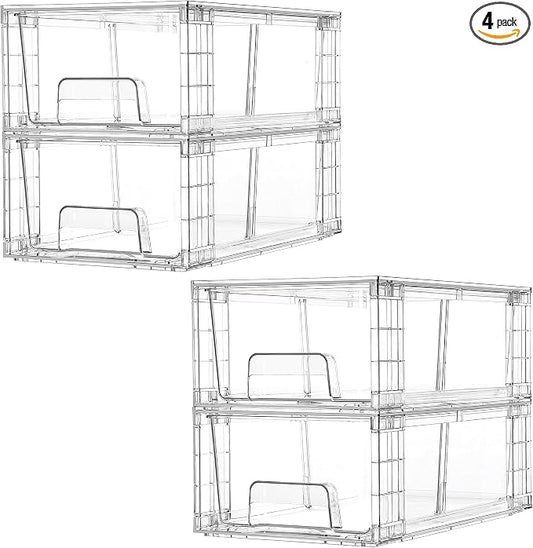 Vtopmart 4 Pack Stackable Clear Drawer with Dividers | Easy Assembly, Stackable Storage, Removable Dividers, Non-Slip Design, For Fridge, Under Sink, Pantry & Bathroom by Vtopmart