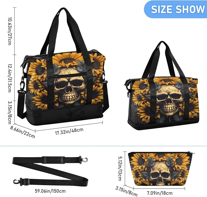 Travel Duffel Tote Bag Skull and Sunflower Sports Duffel Bag with Wet Pocket Weekender Overnight Bag for Women Men Gym Bag, Carry On Bag Hospital Bag for Labor and Delivery - Image 6