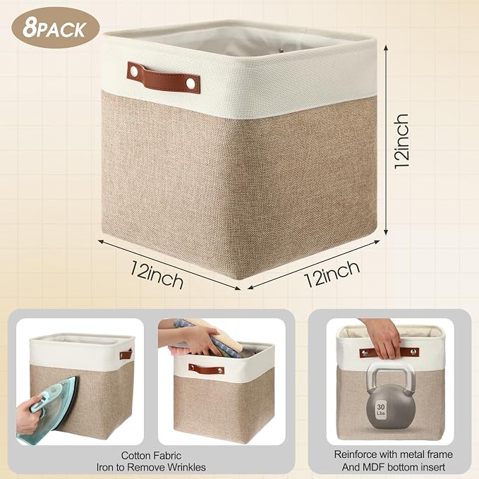 Uiifan 8 Pack Fabric Storage Basket Storage Bin with Handles Linen Decorative Containers Organization Bins for Shelves Closet Organizer Baskets for Toy Nursery - Image 2