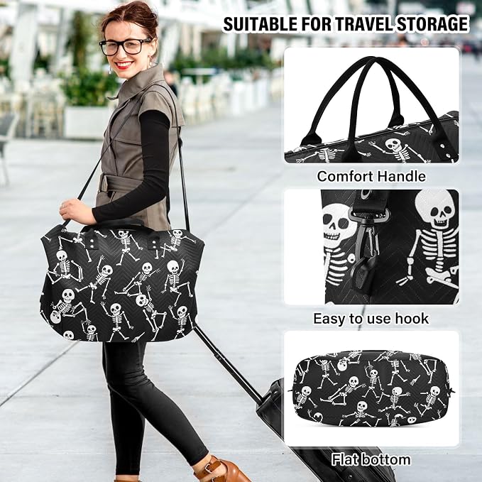 Skull Skeleton on Black Large Travel Duffel Bag Sports Tote Gym Bag Overnight Weekender Bags Carry On Luggage with Toiletry Bags - Image 6