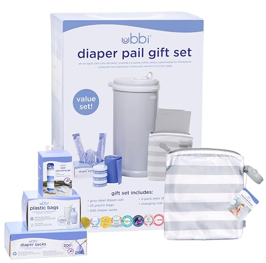 Ubbi Diaper Changing Value Gift Set, Baby Registry Gift, Includes Gray Diaper Pail, Absorbing Gels, Travel Changing Mat & Bag, Diaper Pail Waste Bags and On-the-Go Waste Sacks by Unknown