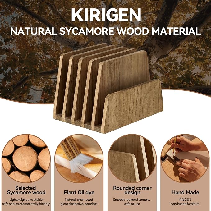 KIRIGEN Wooden Mail Organizer, 5-Slot File Holder for Desk, Brown 5K-DBR | Five Upright Compartments Sort Mail, Bills, Folders, Papers, Notebooks, and Envelopes; 9.84 x 7.48 x 7.08 In, No Assembly - Image 7