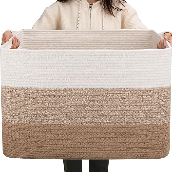 OIAHOMY 108L Extra Large Blanket Basket Dog Toy Basket Light Brown | Rectangle Woven Baskets for Storage Cotton Rope Basket For Living Room Toy Storage Blanket Storage Laundry Basket by MasterofSpaceOptimization