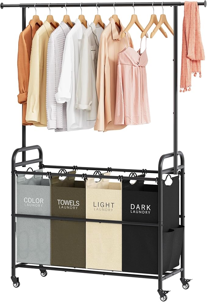 Laundry Sorter Cart with Hanging Clothes Rack, 4 Section, 4 Colors | Laundry Hamper Cart with Removable Bags, Laundry Sorter with Wheels, 4 Bag Laundry Basket Organizer for Laundry Room, Family by Tajsoon