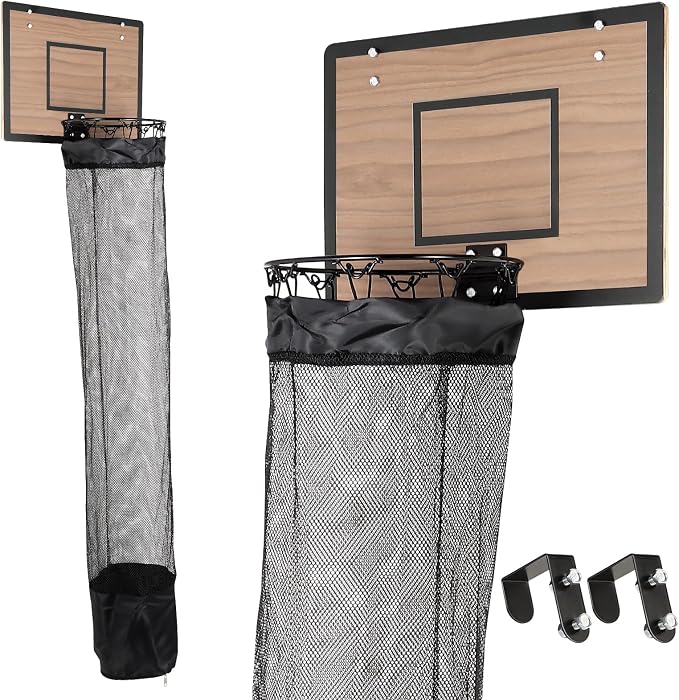Over the Door Basketball Hoop Laundry Basket ,Wooden Basketball Laundry Hamper with Zipper for Kids Room,Dorm Rooms,Bathroom,Saving Space Storage and Organization (Walnut) by Unknown