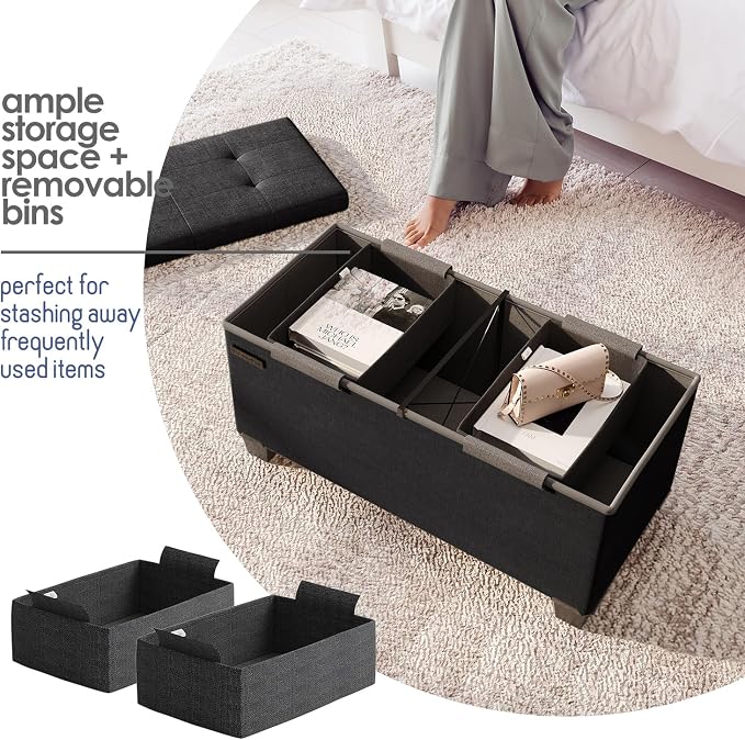 Storage Ottoman Bench with Bins, 30-in Storage Bench for Bedroom End of Bed, Folding Foot Rest Ottoman for Living Room Max 660lbs, Fabric Ottomans, Black - Image 3
