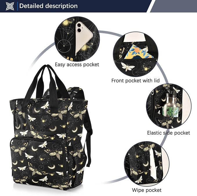Mnsruu Diaper Bag Goth Death Moth Butterfly Large Changing Backpack Multifunction Travel Tote Mommy Bag Baby Diaper Backpack for Mom Dad - Image 2