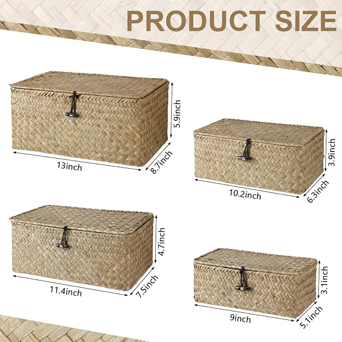 Woanger Set of 4 Wicker Baskets with Lids, Nautral Seagrass Storage Baskets, Woven Rectangular Basket Bins, Rattan Storage Organizer for Shelf Closet Bedroom(Natural Color) - Image 2