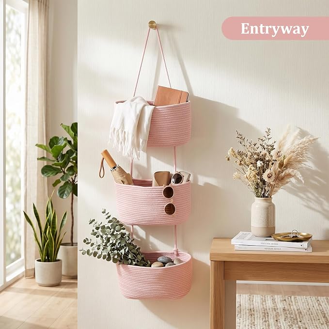 TeoKJ Over the Door Hanging Basket, 3-Tier Woven Cotton Wall-Mounted Storage Organizer Bag Decorative Hanging Nursery Baskets, Pink - Image 7