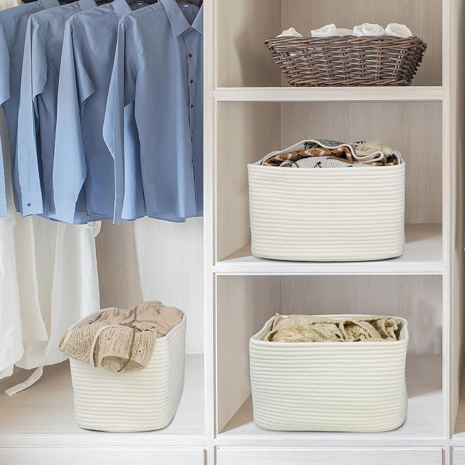XUANGUO Woven Cotton Rope Storage Baskets 15x10x9.3" 3 Pack White | Decorative rectangular storage baskets for shelves and closets; storage bins organize clothes, toys, books and nursery items. - Image 6