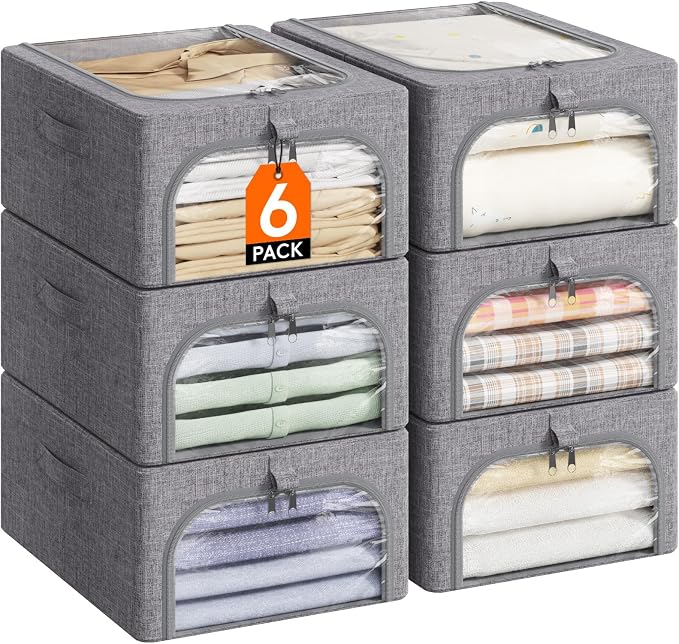 Lifewit Clothes Storage Bins with Metal Frame 6 Pack, Fabric Stackable Storage Bags with Lids, Zipper, Foldable Clost Organizers Containers for Clothing, Blanket, Winter Cloth, 25L by Lifewit