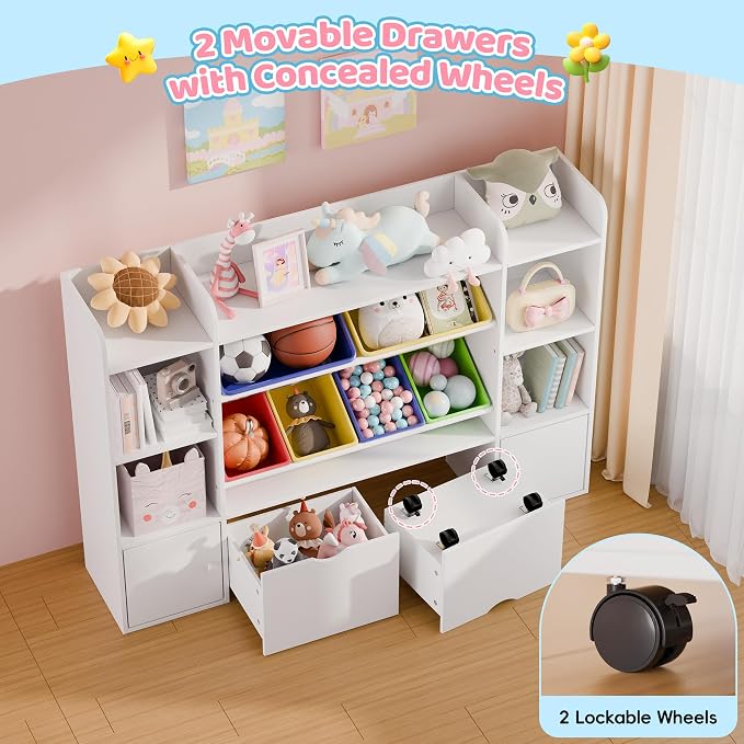 Xilingol Kids Storage Organizer W/6 Removable Bins, 4-Tier Organizers W/6 Storage Cubbies and 2 Movable Drawers, Kid Bookshelf and Storage for Playroom, Bedroom, Kids Room (Multicolor) - Image 4