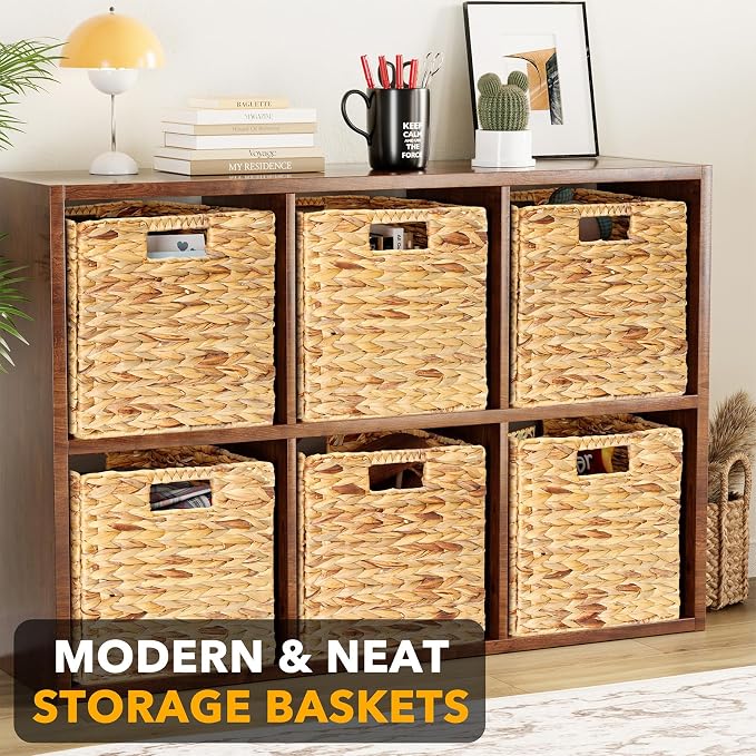 SpaceAid 6 Pack Wicker Basket, Storage Baskets for Organizing, Woven Rattan Basket with Handles for Shelves, Water Hyacinth Large Cube Organizer Storage Bin, 12x12x12 inch, Natural - Image 2