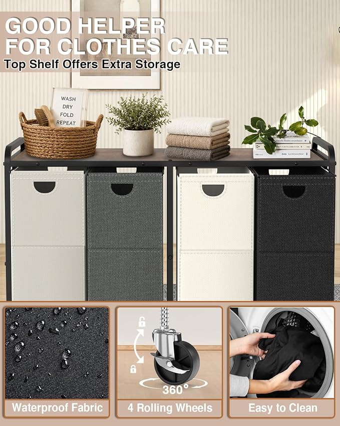Laundry Sorter 4 Section,Laundry Basket with Wheels,4×15.8 Gal (60L) Laundry Hamper Organizer with Large Wooden Desktop Sorter,Pull-Out and Removable 900D Oxford Fabric Laundry Bags for Laundry Room - Image 4