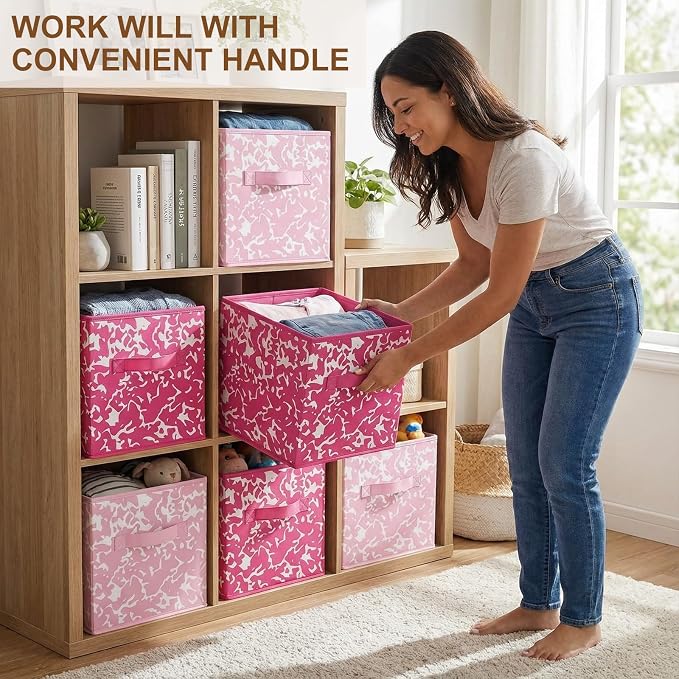 LemonRoad 6 Fabric Storage Cubes 11 Inch Foldable Marble Storage Bins for Organizing Pantry, Toy Box, Clothes Closet Collapsible Baskets for Shelves School Organizing with Handle(Pink, Classic) - Image 4