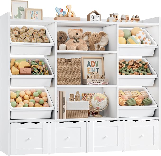 HITHOS 55" W Kids Toy Storage Organizer with 10 Toy Box & Book Shelf, White | Large Toy Organizers and Storage with Kids Bookshelf & 6 Plastic Toy Chests & 4 Movable Drawers for Kids Room, Playroom - Image 7
