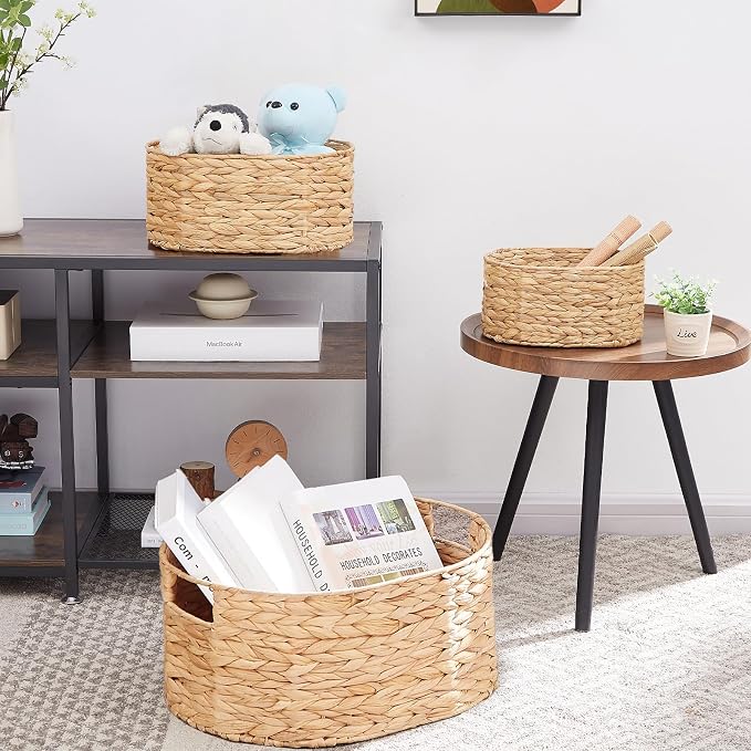 Wicker Basket, 3-Pack Hand-Woven Water Hyacinth Wicker Storage Basket with Handles, Large Woven Storage Baskets for Shelves, Round Storage Baskets for Organizing & Decor - Image 4