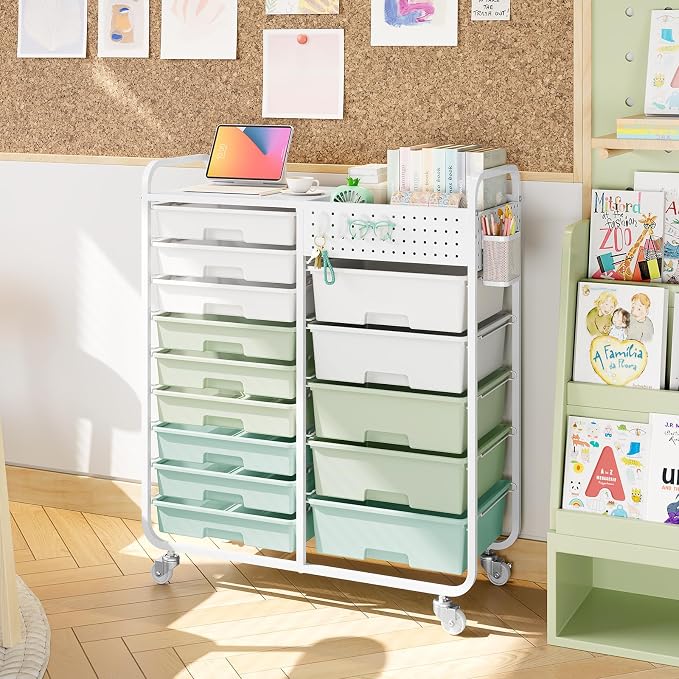 14 Drawer Rolling Storage Cart with Tabletop and Pegboard for Crafts Green | Easy Setup, Large Capacity, Sturdy Build, Smooth Mobility, For classroom, office and dorm supplies - Image 9