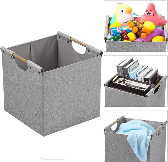 HOONEX Collapsible Storage Bins, 12x12x12in Storage Cubes Linen Fabric, 3 Pack, Storage Baskets with Wooden Carry Handles and Sturdy Heavy Cardboard, for Home, Office, Car, Nursery, Light Grey - Image 2