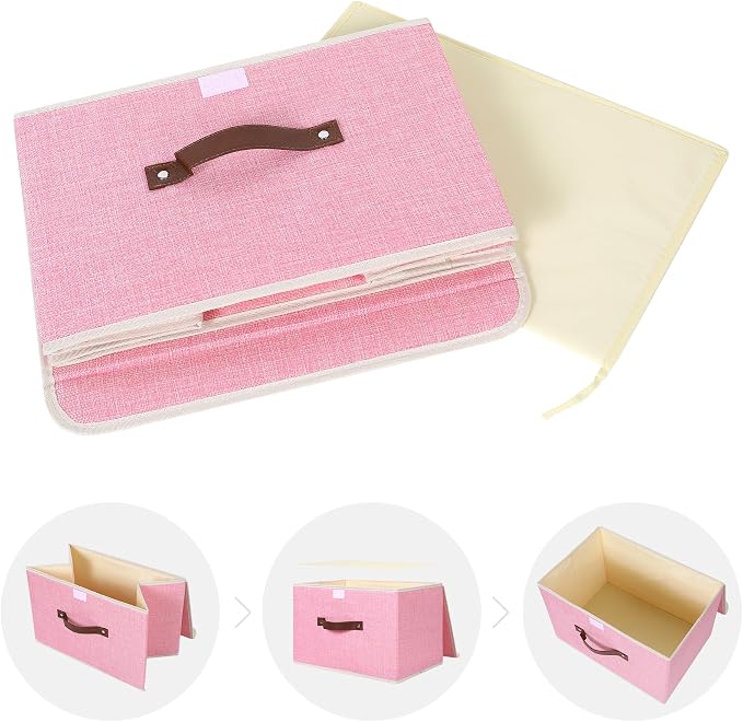 ANMINY Fabric Storage Box Bins with Lids, Pink, 13"x9"x7.9" | Keepsake Memory Storage, Cotton Linen, PP Board Reinforced, Washable, PU Handles, Foldable & Stackable, Decorative, Medium - Image 6