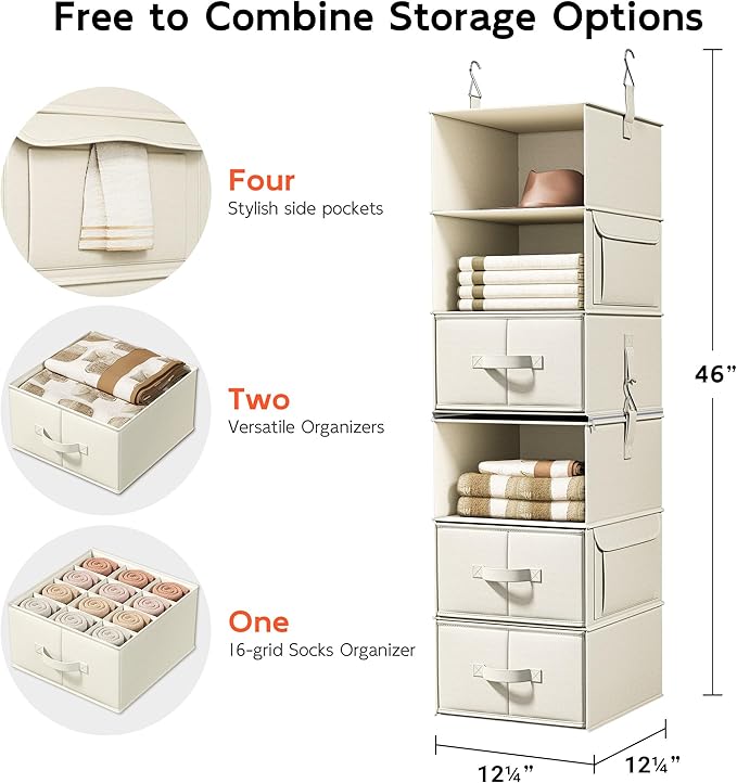 6-Shelf Hanging Closet Organizer with 3 Drawers, 2-in-1 Design, Beige | Converts into Two 3-Shelf Organizers, Foldable Drawers, Side Pockets, Ideal for Wardrobe, Nursery, Dorm & Closet Storage - Image 3