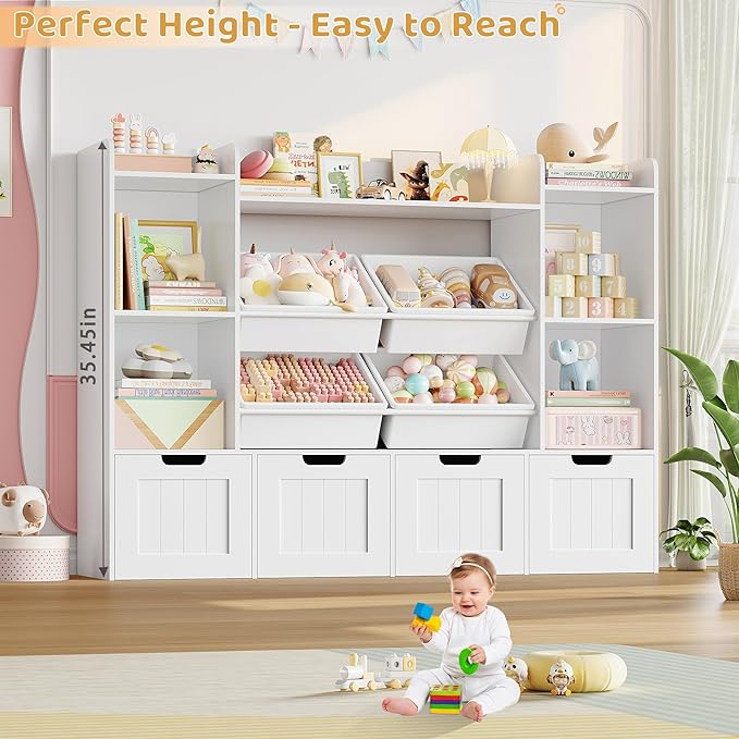 Toy Storage Organizer, Toy Organizer with 4 Movable Drawers and 4 Box Bins, Kids Playroom Storage Organization with Hidden Wheels for Living Room, Kids Room - Image 3