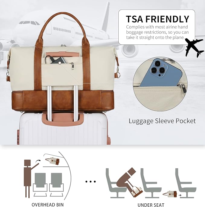 Oeihuivt Weekender Bags for Women - 21 Inch Large Travel Duffel Bag 2-Piece Set with Shoe Compartment, Heavy-Duty Canvas & Leather Carry On Overnight Tote (Airplane Approved) - Image 6