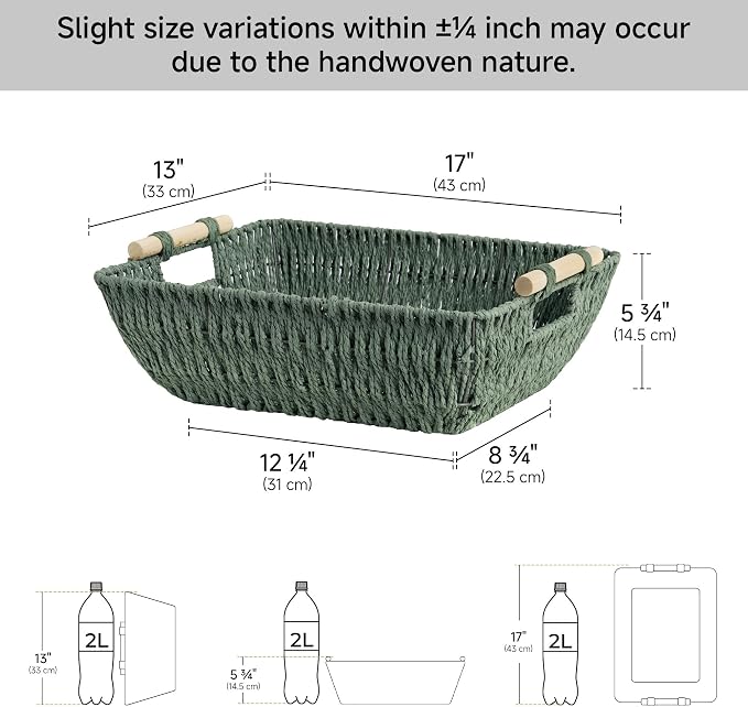 StorageWorks Large Wicker Basket, Woven Basket for Shelves, Bosana Green | Wicker Storage Baskets for Shelves, Baskets with Wooden Handles, 2-Pack Gifts Basket for Home Decor, Hand-Woven Basket - Image 3