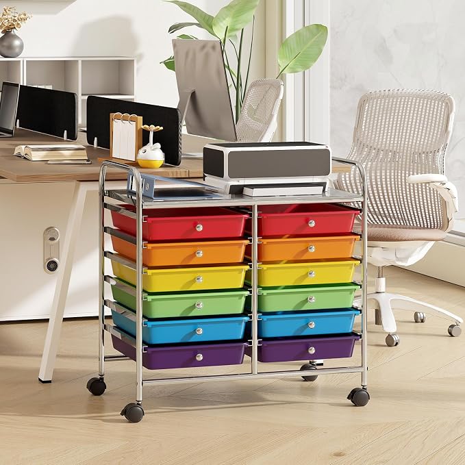 RELAX4LIFE 12-Drawer Rolling Storage Cart Mobile Craft Organizer Colorful | 24.5" Size, 4 Rolling Casters, Metal Frame, For School Teacher Office Salon Art File Supplies - Image 2