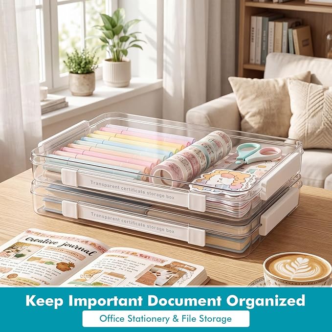 3 Pack Plastic Storage Bin with Lid, Portable Project Case with Handle | 14" x 9", Heavy Duty Clear Storage Box, Stackable File Document Protector Container, Sturdy Project Case for A4 Letter Paper - Image 2