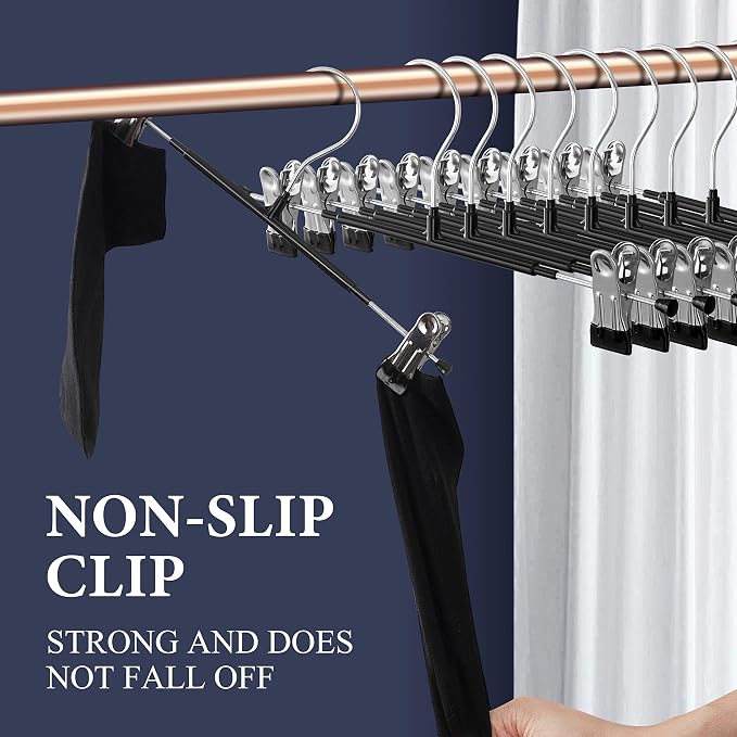 Pants Hangers with Clips Skirt Hangers, 12 Inch 50 Pack, Black | Non-Slip,Adjustable metal clips,Space-Saving,Heavy duty, for pants/skirt/dress/trousers/jeans/shorts/leggings,Women,men - Image 2