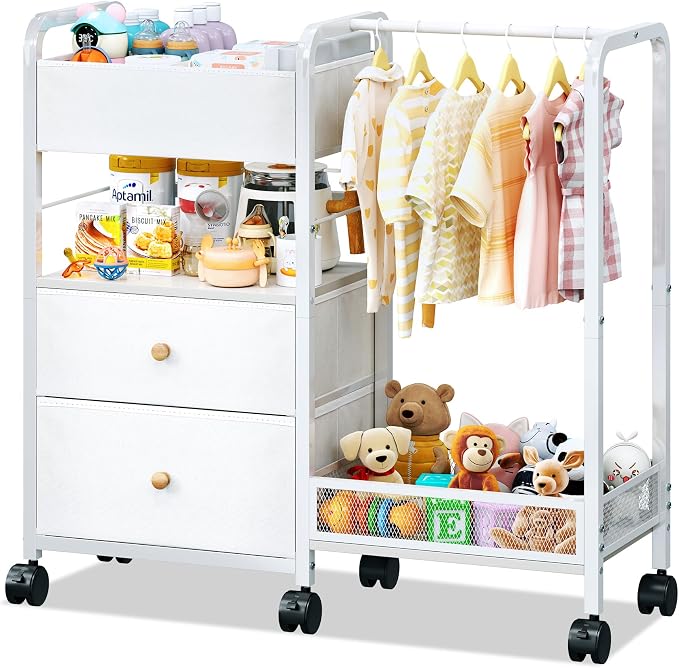 Baby Diaper Caddy Organizer with Hanging Rack, Rolling Diaper Utility Cart with Dividers and Drawers for Baby Essentials Storage, Bedside Cart with Wheels for Changing Station, Crib, Nursery, Bedroom by TC-HOMENY