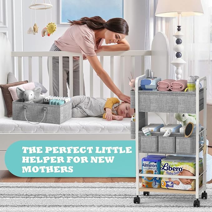 LIDTOP 2In1 Diaper Caddy & 4-Tier Rolling Diaper Cart, Diaper Caddy Organizer Cart with Dividers & Drawer, Mobile Metal Bedside Cart for Baby Nursery Essentials Storage, Large Capacity, White - Image 4