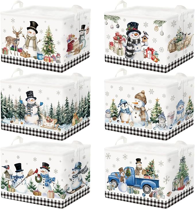 CHENGU 6 Pack Winter Storage Basket Collapsible Winter Basket for Gifts Buffalo Plaid Holiday Decor Large Snowman Bin Foldable Tree Box with Handle for Bedroom Office Home by CHENGU