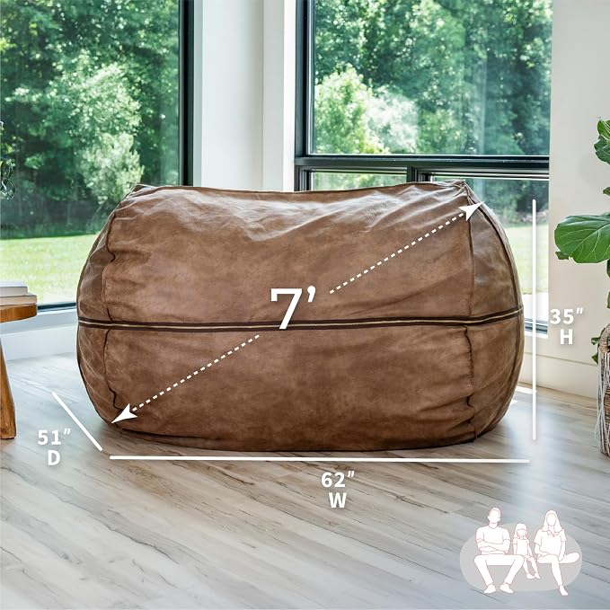 Big Joe Fuf 7Ft Giant Foam Bean Bag Chair, Oversized Couch with Removable Cover for Kids, Teens, Adults, Coffee Soft Vegan Leather, 7 Foot | Premium Shredded Foam Filled, Soft Vegan Leather, Adult-Sized Comfortable Seating, Supports Up to 300 lbs - Image 3