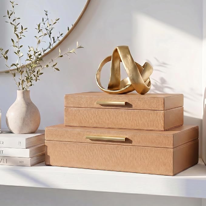 Decorative Storage Boxes with Lids - Set of 2 PU Leather Organizer Bins | Beautiful Bins for Your Bookshelf Home Decor - Safely Store Photos, Documents and Memory Box Keepsakes in Style - Image 7