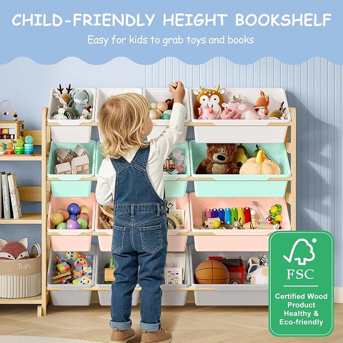 EXPERLAM Toy Storage Organizer, Toy Storage Shelf with 3 Shelves and 16 Storage Bins (12 Small + 4 Large), 3-in-1 Kids Bookshelf for Kids Rooms, Playroom, Nursery, Multi - Image 8