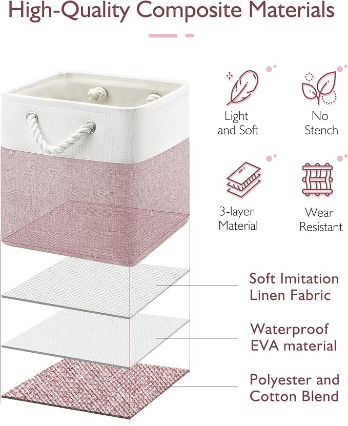 Patvingot 11-Inch Fabric Cube Storage Bins with Handles,4 Pack,Foldable | For cube shelves and closets,keeps grouped for everyday access,reinforced opening and fold-flat storage,white and pink - Image 3