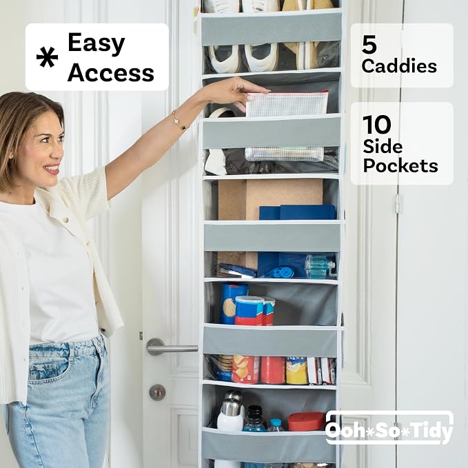 Ooh So Tidy 5-Tier Over Door Hanging Organizer, Grey | Holds 44 lb across 5 large & 10 mesh pockets, clear windows, fits doors 20 in wide or more, 15x55.5x6.5 in - Image 8