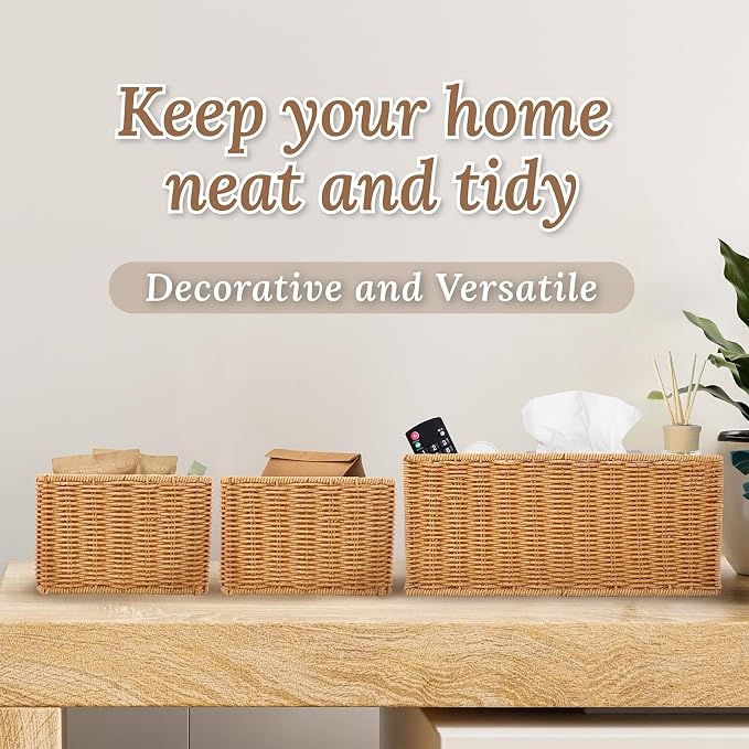 WeeNest Wicker Basket with Handle, Shelf Baskets for Organizing, Woven Organization Storage with Handles, Resin Wicker Set of 3, Latte - Image 5