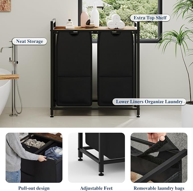 Garvee 97L Laundry Basket 2 Section, Laundry Hamper with Shelf & 2 Removable Bags, Dirty Clothes Basket Organizer for Bathroom Bedroom Room Organization, 2 x 12.8 Gal (48.5L), Rustic Brown + Black | Laundry Basket with Shelf & 2 Removable Bags, Dirty C... - Image 5