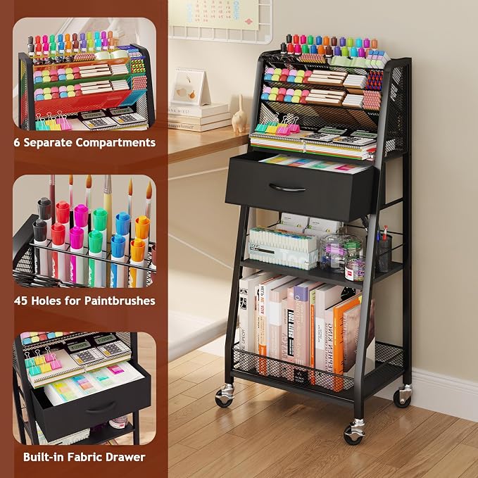 3 Tier Rolling Cart - Metal Utility Cart with Storage Drawer and Wheels, Versatile Art & Craft Organizer for Home, Office, or Studio - Ideal for Storing Brushes, Paints, and Supplies（Black） - Image 3