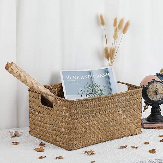 Hipiwe Seagrass Storage Basket Bin Rectangular Handwoven Wicker Storage Box with Handle Opened Baskets Box for Shelf Organizing Closet Bathroom, Caramel, Medium - Image 5