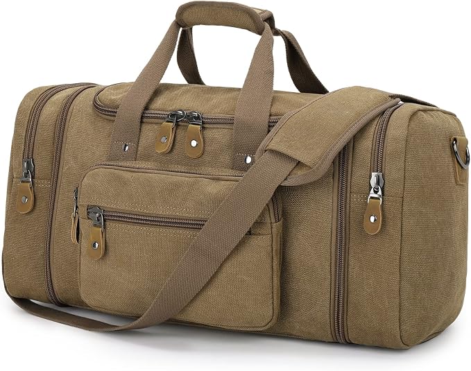 Gonex Canvas Duffle Bag, Expandable 50L Travel Overnight Weekender Bag | for Men, Multiple Pockets, Carry-On Size, Durable Zippers, Detachable Strap, Coffee by Gonex