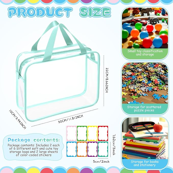 Shinylin 12 Packs Large Toy Storage Bags with Labels Clear PVC Toy Organizer with Zipper Colorful Classroom Storage Reusable Waterproof Organizer for Playroom School Blocks Game (Pastel Color) - Image 2