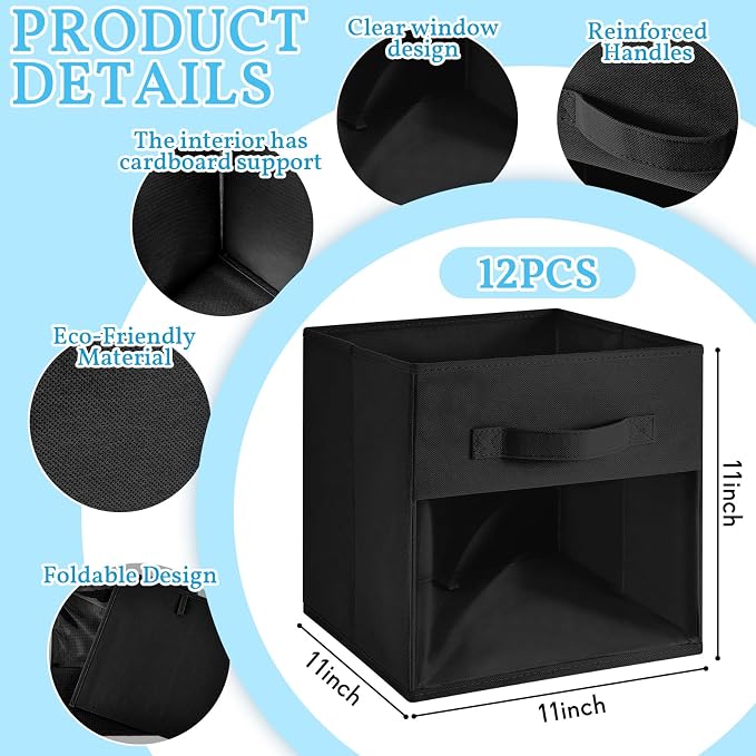 Marsui 12 Pcs Clear Cube Storage Bins Black Collapsible Kids Storage Bins Fabric Classroom Organizer with Window for Kid Playroom Room Daycare Nursery - Image 2